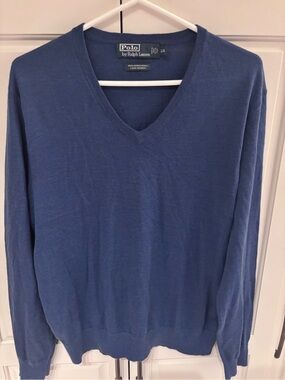 Polo by Ralph Lauren Men’s Blue V-Neck Sweater merano wool large